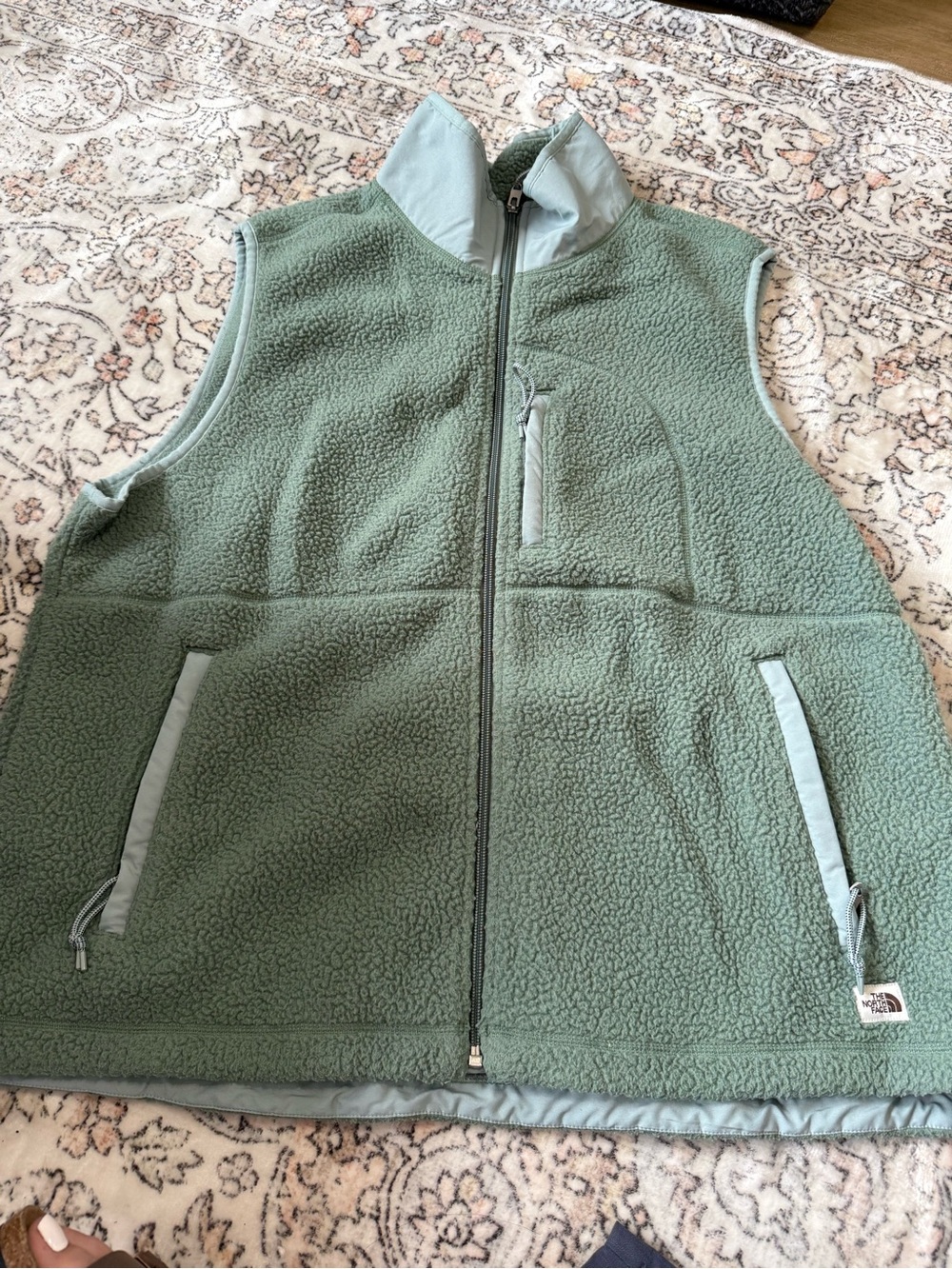 The North Face Sage Green Sherpa Fleece Vest with Mint Trim